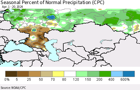 Russian Federation Seasonal Percent of Normal Precipitation (CPC) Thematic Map For 4/1/2024 - 4/20/2024