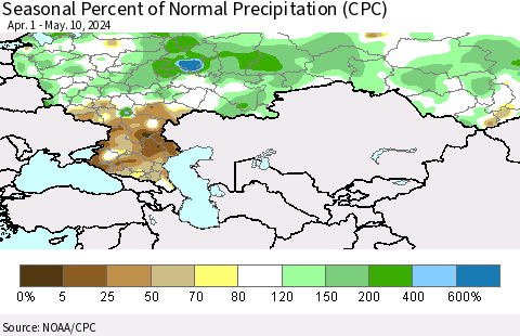 Russian Federation Seasonal Percent of Normal Precipitation (CPC) Thematic Map For 4/1/2024 - 5/10/2024