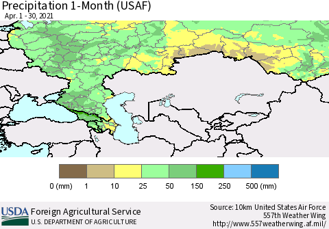 Russian Federation Precipitation 1-Month (USAF) Thematic Map For 4/1/2021 - 4/30/2021
