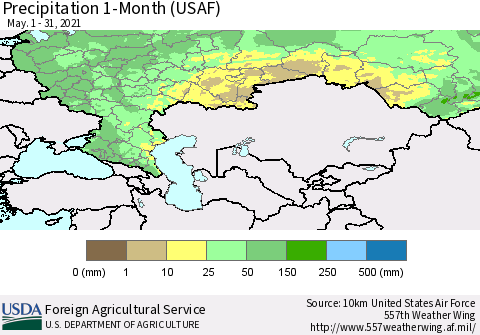 Russian Federation Precipitation 1-Month (USAF) Thematic Map For 5/1/2021 - 5/31/2021