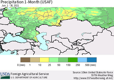 Russian Federation Precipitation 1-Month (USAF) Thematic Map For 6/1/2021 - 6/30/2021