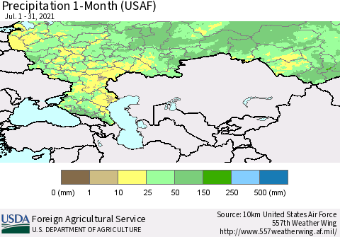 Russian Federation Precipitation 1-Month (USAF) Thematic Map For 7/1/2021 - 7/31/2021