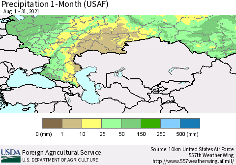 Russian Federation Precipitation 1-Month (USAF) Thematic Map For 8/1/2021 - 8/31/2021
