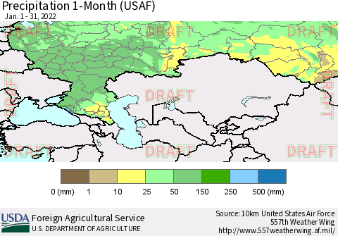 Russian Federation Precipitation 1-Month (USAF) Thematic Map For 1/1/2022 - 1/31/2022