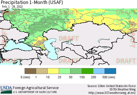 Russian Federation Precipitation 1-Month (USAF) Thematic Map For 2/1/2022 - 2/28/2022