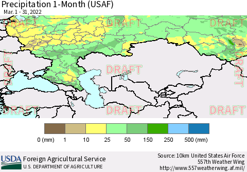 Russian Federation Precipitation 1-Month (USAF) Thematic Map For 3/1/2022 - 3/31/2022