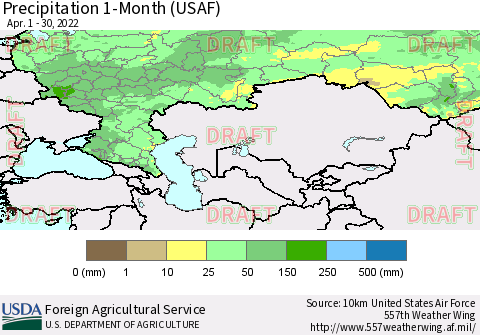 Russian Federation Precipitation 1-Month (USAF) Thematic Map For 4/1/2022 - 4/30/2022