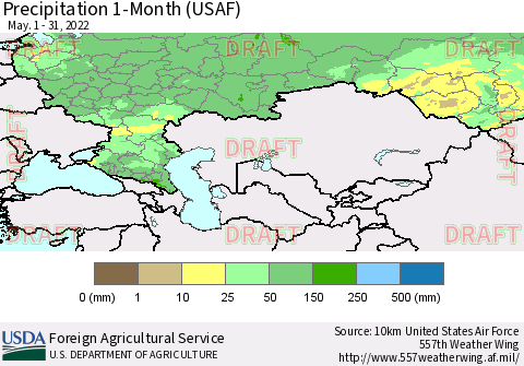 Russian Federation Precipitation 1-Month (USAF) Thematic Map For 5/1/2022 - 5/31/2022
