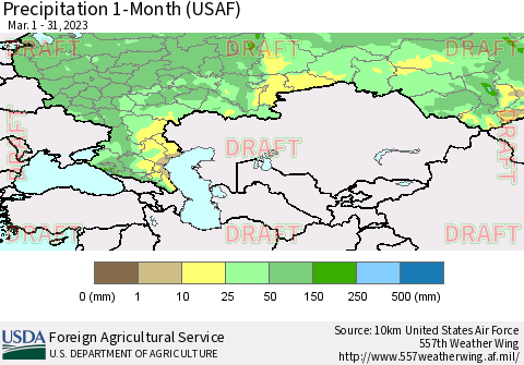 Russian Federation Precipitation 1-Month (USAF) Thematic Map For 3/1/2023 - 3/31/2023