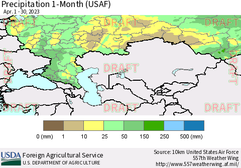 Russian Federation Precipitation 1-Month (USAF) Thematic Map For 4/1/2023 - 4/30/2023