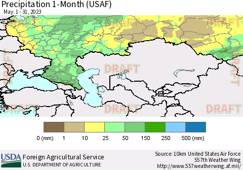 Russian Federation Precipitation 1-Month (USAF) Thematic Map For 5/1/2023 - 5/31/2023