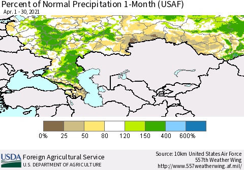 Russian Federation Percent of Normal Precipitation 1-Month (USAF) Thematic Map For 4/1/2021 - 4/30/2021