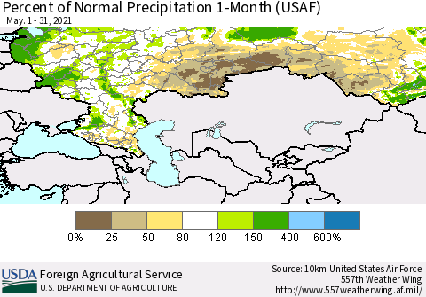 Russian Federation Percent of Normal Precipitation 1-Month (USAF) Thematic Map For 5/1/2021 - 5/31/2021