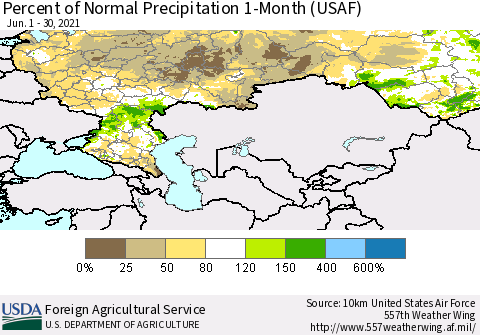 Russian Federation Percent of Normal Precipitation 1-Month (USAF) Thematic Map For 6/1/2021 - 6/30/2021