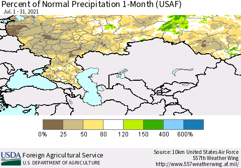 Russian Federation Percent of Normal Precipitation 1-Month (USAF) Thematic Map For 7/1/2021 - 7/31/2021