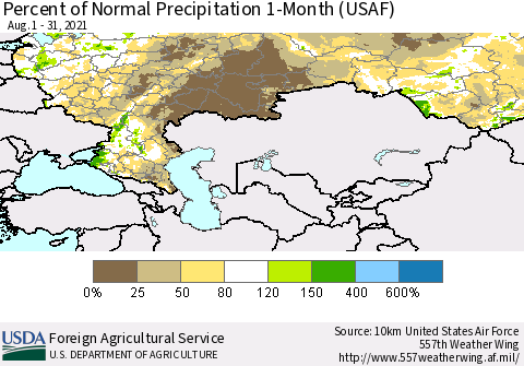 Russian Federation Percent of Normal Precipitation 1-Month (USAF) Thematic Map For 8/1/2021 - 8/31/2021