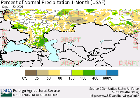 Russian Federation Percent of Normal Precipitation 1-Month (USAF) Thematic Map For 9/1/2021 - 9/30/2021