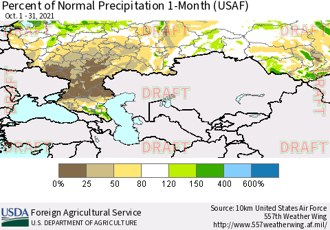 Russian Federation Percent of Normal Precipitation 1-Month (USAF) Thematic Map For 10/1/2021 - 10/31/2021