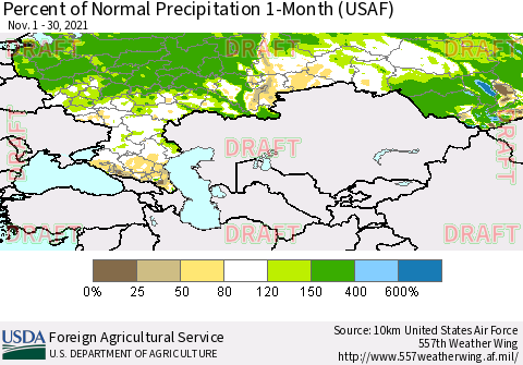 Russian Federation Percent of Normal Precipitation 1-Month (USAF) Thematic Map For 11/1/2021 - 11/30/2021