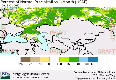 Russian Federation Percent of Normal Precipitation 1-Month (USAF) Thematic Map For 12/1/2021 - 12/31/2021