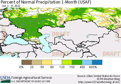 Russian Federation Percent of Normal Precipitation 1-Month (USAF) Thematic Map For 1/1/2022 - 1/31/2022