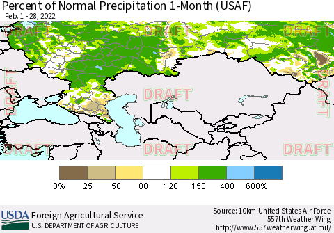 Russian Federation Percent of Normal Precipitation 1-Month (USAF) Thematic Map For 2/1/2022 - 2/28/2022
