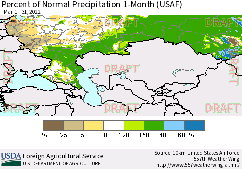 Russian Federation Percent of Normal Precipitation 1-Month (USAF) Thematic Map For 3/1/2022 - 3/31/2022