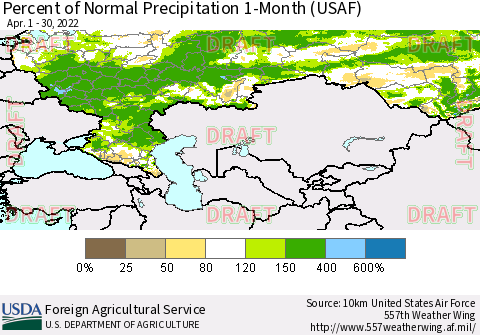 Russian Federation Percent of Normal Precipitation 1-Month (USAF) Thematic Map For 4/1/2022 - 4/30/2022