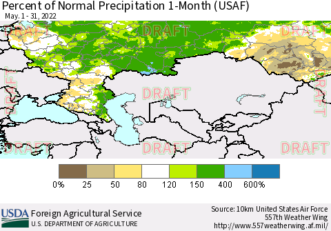 Russian Federation Percent of Normal Precipitation 1-Month (USAF) Thematic Map For 5/1/2022 - 5/31/2022