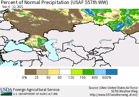 Russian Federation Percent of Normal Precipitation (USAF 557th WW) Thematic Map For 9/6/2021 - 9/12/2021