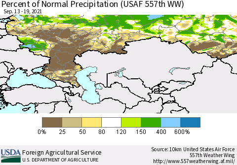 Russian Federation Percent of Normal Precipitation (USAF 557th WW) Thematic Map For 9/13/2021 - 9/19/2021