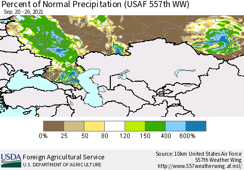Russian Federation Percent of Normal Precipitation (USAF 557th WW) Thematic Map For 9/20/2021 - 9/26/2021