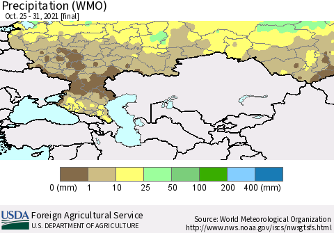 Russian Federation Precipitation (WMO) Thematic Map For 10/25/2021 - 10/31/2021