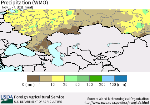 Russian Federation Precipitation (WMO) Thematic Map For 11/1/2021 - 11/7/2021