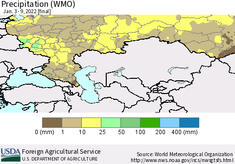 Russian Federation Precipitation (WMO) Thematic Map For 1/3/2022 - 1/9/2022
