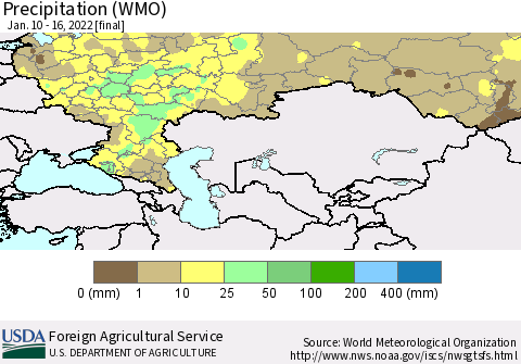 Russian Federation Precipitation (WMO) Thematic Map For 1/10/2022 - 1/16/2022