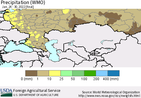 Russian Federation Precipitation (WMO) Thematic Map For 1/24/2022 - 1/30/2022