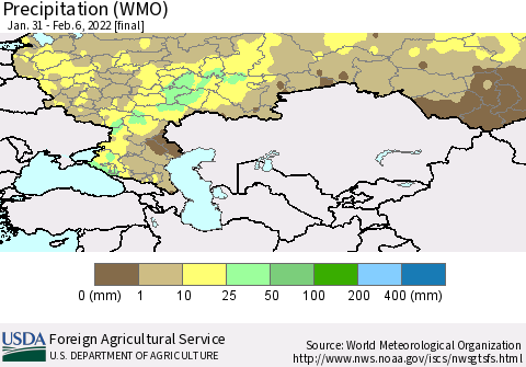 Russian Federation Precipitation (WMO) Thematic Map For 1/31/2022 - 2/6/2022