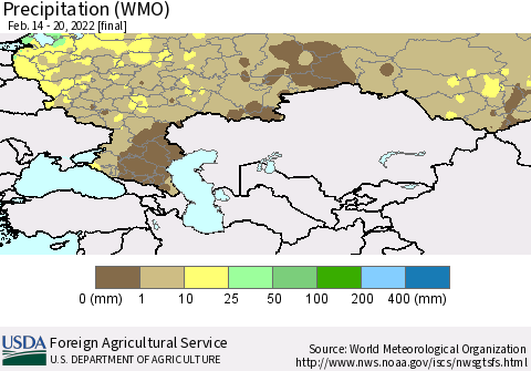 Russian Federation Precipitation (WMO) Thematic Map For 2/14/2022 - 2/20/2022