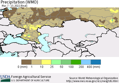 Russian Federation Precipitation (WMO) Thematic Map For 3/7/2022 - 3/13/2022