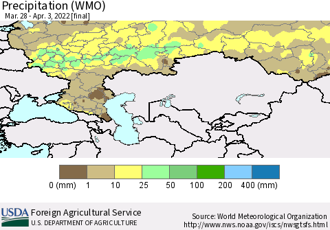 Russian Federation Precipitation (WMO) Thematic Map For 3/28/2022 - 4/3/2022