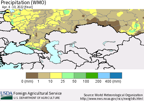 Russian Federation Precipitation (WMO) Thematic Map For 4/4/2022 - 4/10/2022