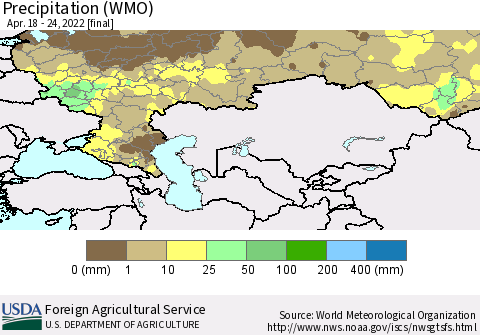 Russian Federation Precipitation (WMO) Thematic Map For 4/18/2022 - 4/24/2022