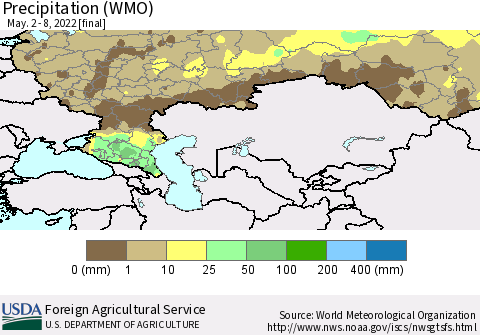 Russian Federation Precipitation (WMO) Thematic Map For 5/2/2022 - 5/8/2022