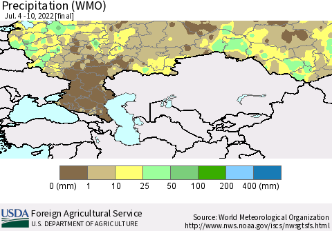Russian Federation Precipitation (WMO) Thematic Map For 7/4/2022 - 7/10/2022