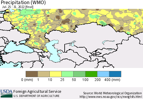 Russian Federation Precipitation (WMO) Thematic Map For 7/25/2022 - 7/31/2022