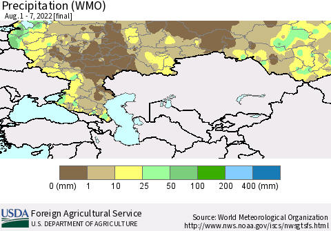 Russian Federation Precipitation (WMO) Thematic Map For 8/1/2022 - 8/7/2022