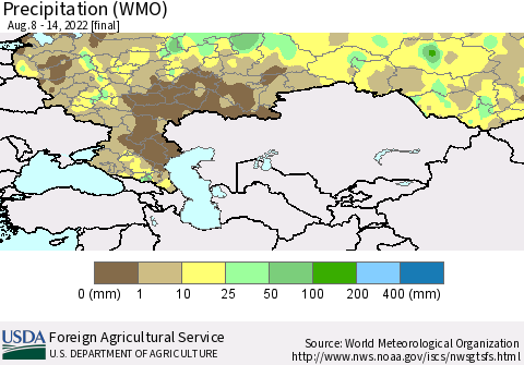 Russian Federation Precipitation (WMO) Thematic Map For 8/8/2022 - 8/14/2022
