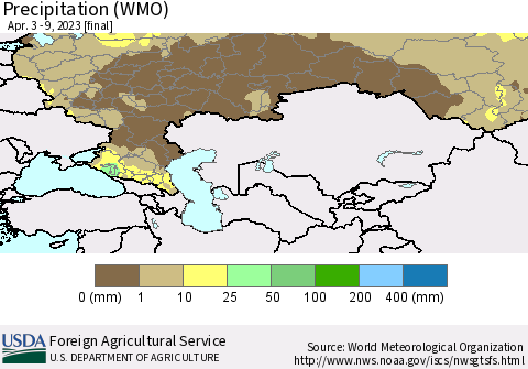 Russian Federation Precipitation (WMO) Thematic Map For 4/3/2023 - 4/9/2023