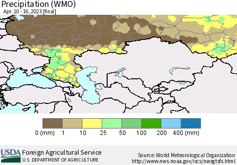 Russian Federation Precipitation (WMO) Thematic Map For 4/10/2023 - 4/16/2023